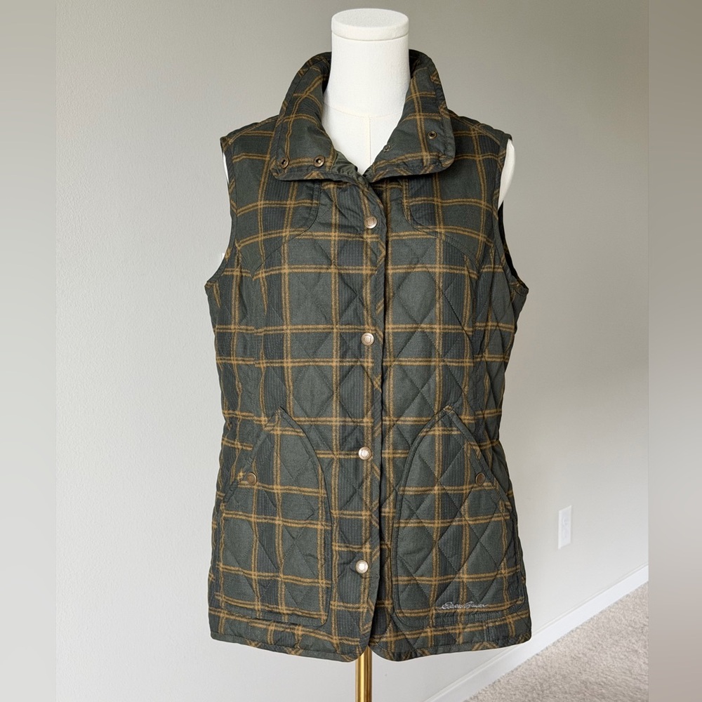 Eddie Bauer Olive Green Plaid Quilted Vest Lightweight Puffer - M